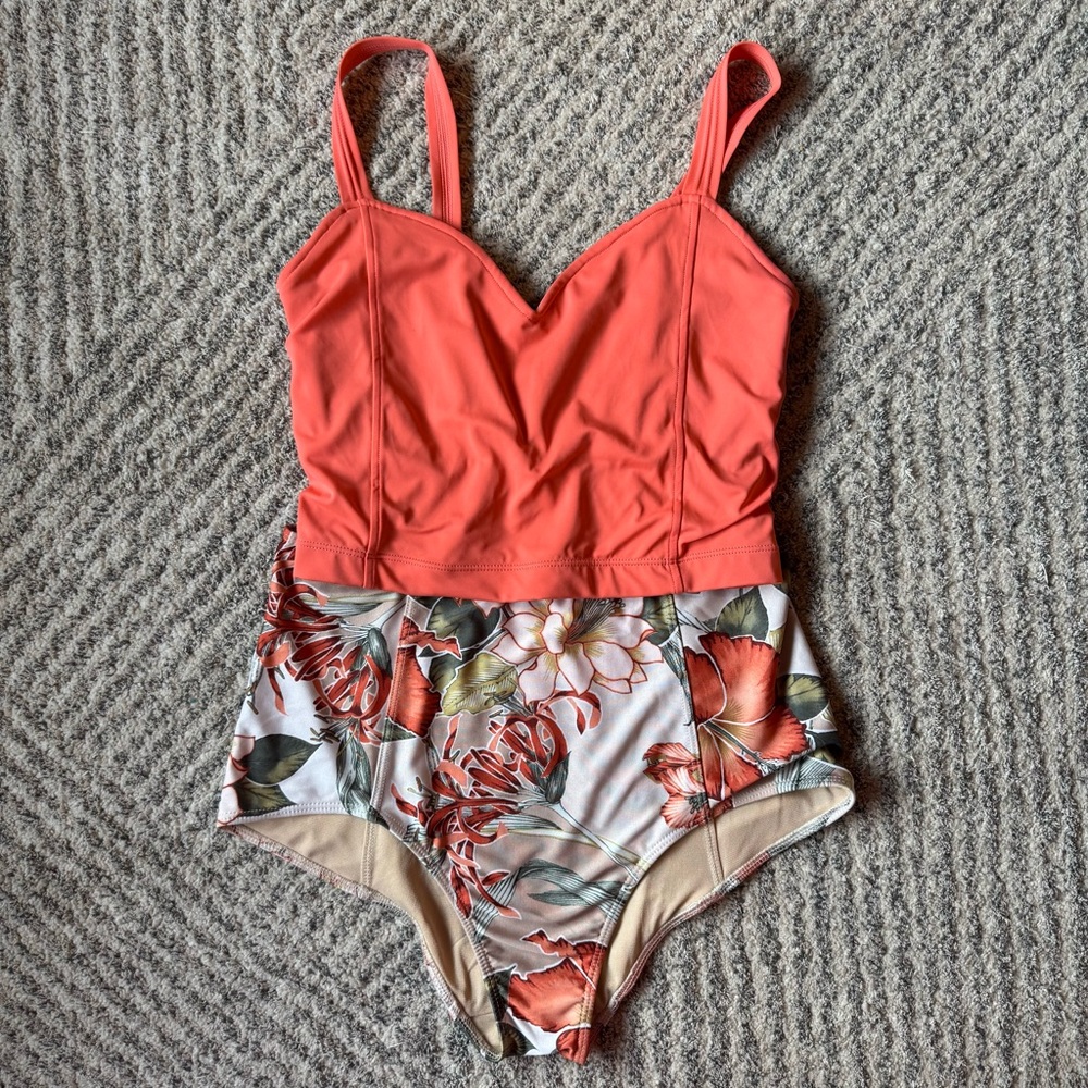Kortni Jeane KJ Orange Coral 1.0 Latter Back & Vintage Hawaiian High Waist Swim